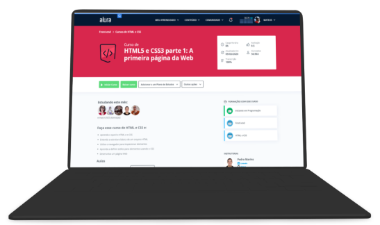 Um notebook com a imagem do curso de HTML e CSS da alura.